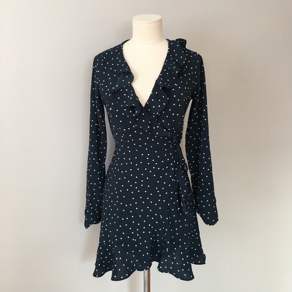 blue and white polka dot wrap dress